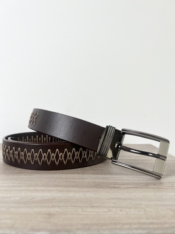 Thắt Lưng Nam da trâu 1 lớp vân đan trang trí thủ công bản 3.5cm-Khoá Kim-Thương Hiệu Gootik Fashion