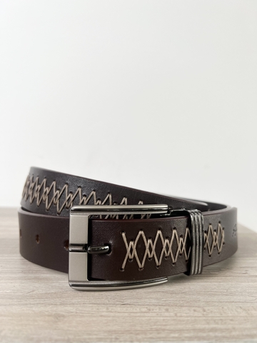 Thắt Lưng Nam da trâu 1 lớp vân đan trang trí thủ công bản 3.5cm-Khoá Kim-Thương Hiệu Gootik Fashion