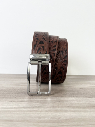 Thắt Lưng Nam da Ved Ý chạm khắc hoa văn sơn màu thủ công bản 3.8cm-Khoá kim kẹp-Thương Hiệu Gootik Fashion