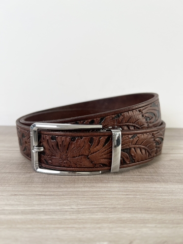 Thắt Lưng Nam da Ved Ý chạm khắc hoa văn sơn màu thủ công bản 3.8cm-Khoá kim kẹp-Thương Hiệu Gootik Fashion