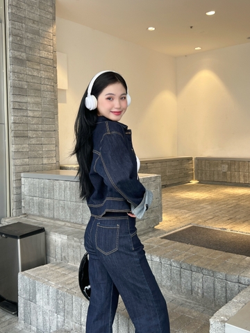 Set Navy Nữ Áo Khoác Croptop Và Quần Suông Ống Rộng Loe Nhẹ- Size S