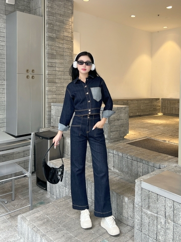 Set Navy Nữ Áo Khoác Croptop Và Quần Suông Ống Rộng Loe Nhẹ- Size S