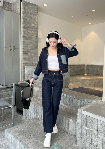 Set Navy Nữ Áo Khoác Croptop Và Quần Suông Ống Rộng Loe Nhẹ- Size S