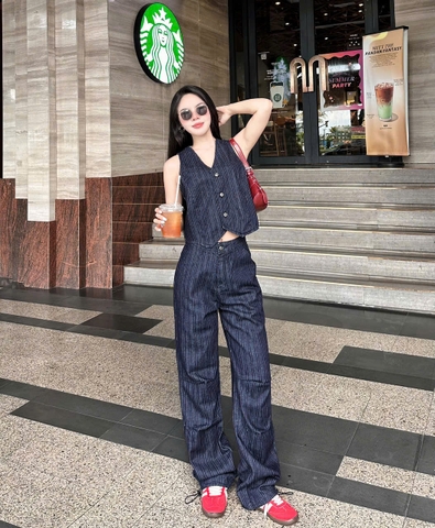 Áo Gile Nữ - Jeans Kẻ Sọc