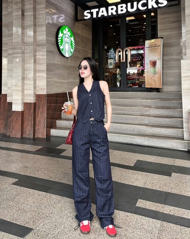 Áo Gile Nữ - Jeans Kẻ Sọc