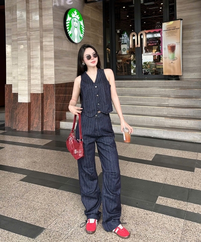Áo Gile Nữ - Jeans Kẻ Sọc