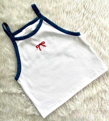 Áo 2 Dây Croptop Thêu Nơ Cotton Cao Cấp