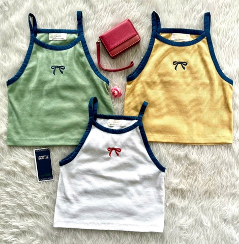 Áo 2 Dây Croptop Thêu Nơ Cotton Cao Cấp