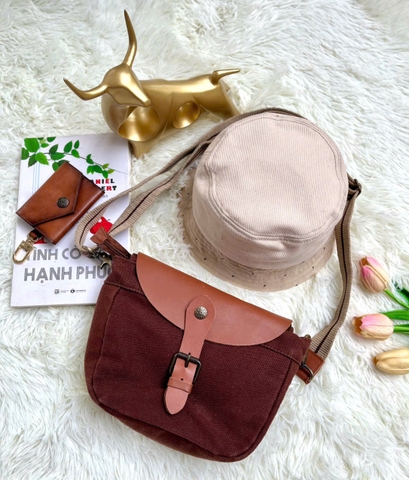 Túi xách Nữ Vải bố phối da màu nâu sang trọng & tiện lợi