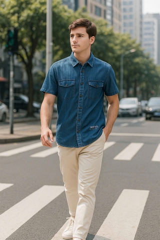 Áo Sơ Mi Jeans Lụa Xanh Đậm Mềm Mát Tay Ngắn-Phong Cách-Gootik Fashion