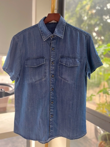 Áo Sơ Mi Jeans Lụa Xanh Đậm Mềm Mát Tay Ngắn-Phong Cách-Gootik Fashion