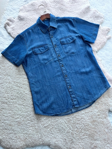 Áo Sơ Mi Jeans Lụa Xanh Đậm Mềm Mát Tay Ngắn-Phong Cách-Gootik Fashion