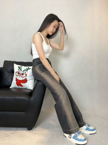 Quần Jeans Suông Đen Phối Xám Cá Tính & Năng Động- GOOTIKFASHION