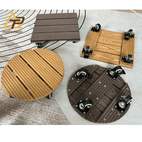 Đế lót chậu cây bằng gỗ nhựa có bánh xe – Di chuyển dễ dàng, bền đẹp, chống nước