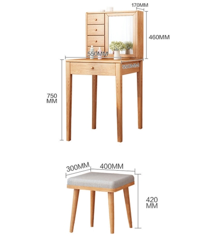 BTĐ03 - Bộ Bàn Trang Điểm Kèm Ghế Gỗ Sồi Tự Nhiên – Hiện đại, nhỏ gọn, sang trọng