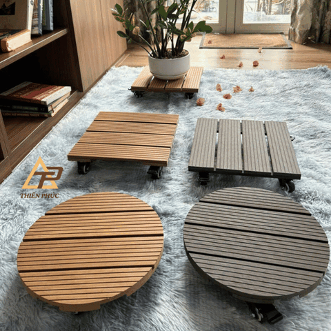Đế lót chậu cây bằng gỗ nhựa có bánh xe – Di chuyển dễ dàng, bền đẹp, chống nước