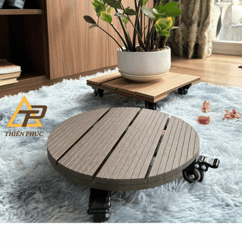 Đế lót chậu cây bằng gỗ nhựa có bánh xe – Di chuyển dễ dàng, bền đẹp, chống nước