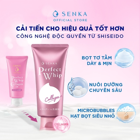 Sữa rửa mặt Senka Perfect Whip Collagen Nhật Bản dưỡng ẩm, chống lão hoá 120gram mẫu mới