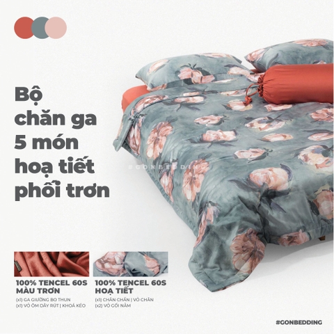 Bộ Chăn Ga Lụa Tencel Hoạ Tiết Hoa Đào Xanh