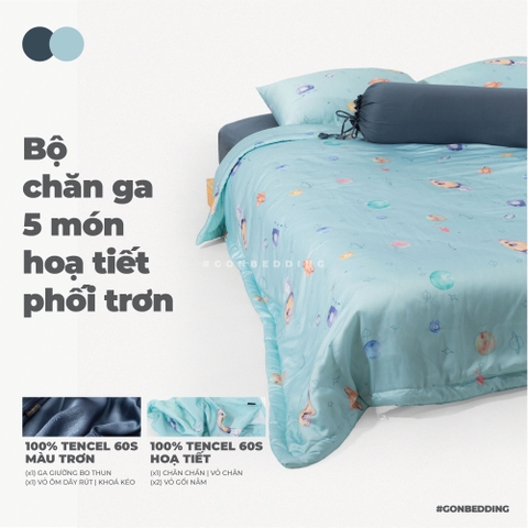 Bộ Chăn Ga Lụa Tencel Hoạ Tiết Thiên Hà Xanh