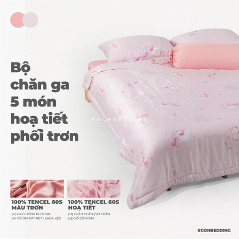 Bộ Chăn Ga Lụa Tencel Hoạ Tiết Kỳ Lân Hồng