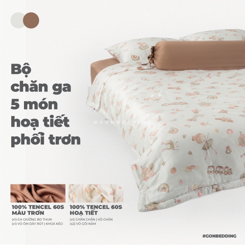Bộ Chăn Ga Lụa Tencel Hoạ Tiết Búp Bê Nền Kem