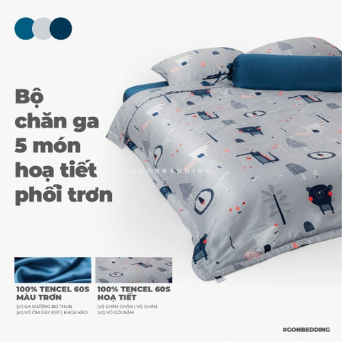 Bộ Chăn Ga Lụa Tencel Hoạ Tiết Sói Nền Xám