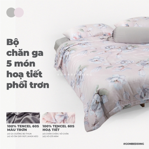 Bộ Chăn Ga Gối Lụa Tencel Hoa Cát Tường Xanh