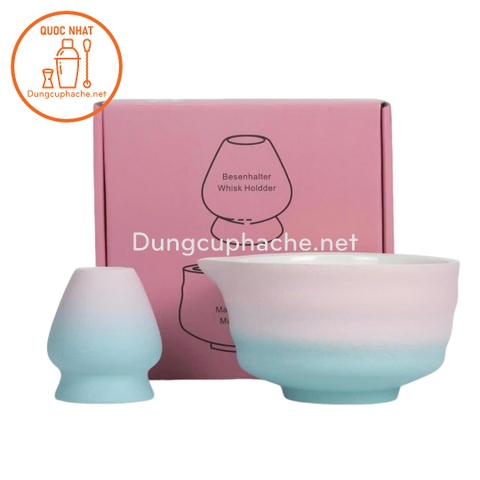 Bộ Chawan + đế gác chổi ( XANH HỒNG )_Full hộp -K