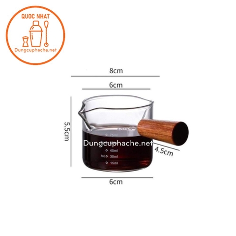 Cốc rót sữa thuỷ tinh tay cầm gỗ 75ml +8%