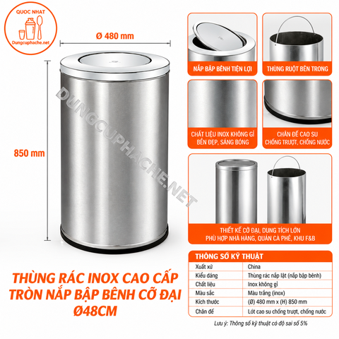 Thùng rác inox tròn nắp lật phi 48 cao 85cm (HTI480-L) +8%