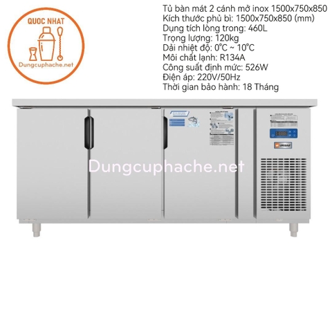 Tủ bàn mát quạt gió Unibar 3 cánh mở inox 1800x750x850 -N