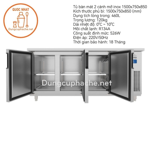 Tủ bàn mát quạt gió Unibar 3 cánh mở inox 1800x750x850 -N