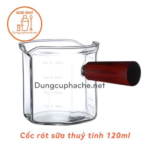 Cốc rót sữa thuỷ tinh cán gỗ 120ml +8%