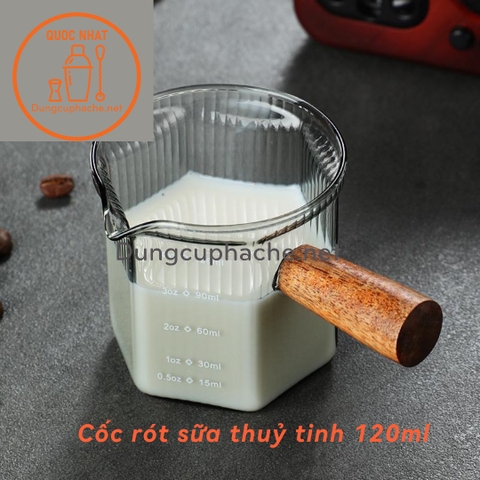 Cốc rót sữa thuỷ tinh cán gỗ 120ml +8%
