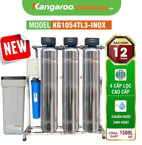 Máy lọc nước tổng đầu nguồn Kangaroo van tự động, xử lý Canxi KG1054TL3-INOX