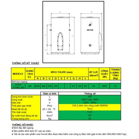Bình nóng lạnh Ferroli 300 lít AQUA 300L