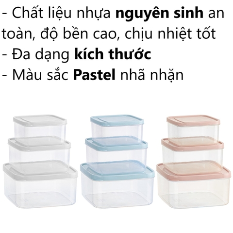 Bộ 3 hộp thực phẩm vuông Hokori Nắp Dẻo 6529 Nhựa Việt Nhật Shop