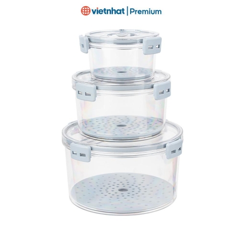 Hộp thực phẩm tròn bộ 3 trong suốt có nắp kín Hokori H6558 Nhựa Việt Nhật Premium