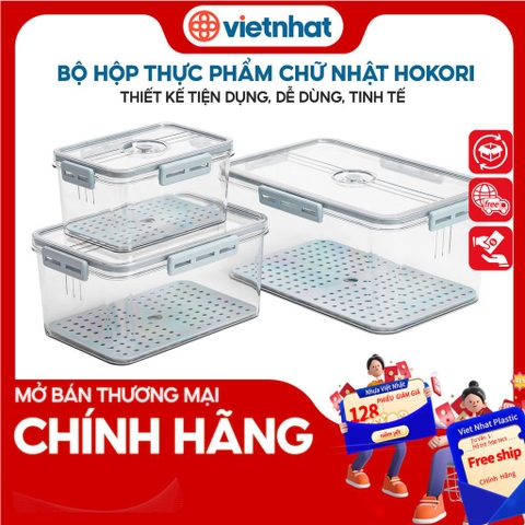 Hộp đựng thực phẩm chữ nhật bộ 3 có nắp cài kín Hokori H6560 Nhựa Việt Nhật Premium