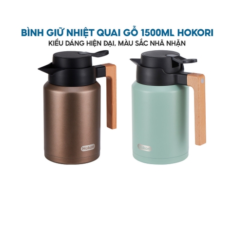 Bình giữ nhiệt inox quai gỗ 1500ml cao cấp Hokori 0125 Nhựa Việt Nhật Shop