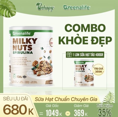 Sữa hạt tảo xoắn greenalife - Combo 13-Mua 1 Milky Nuts Spirulina (Lon 800 gram) Tặng Milky Nuts Spirulina (Lon 400 gram) 369k