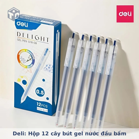 Deli: Hộp 12 cây bút gel nước đầu bấm EG118-BL