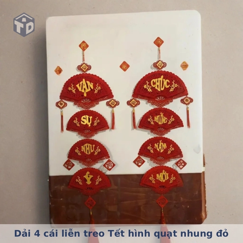 Dải 4 cái liễn treo Tết hình quạt nhung đỏ dây tua rua
