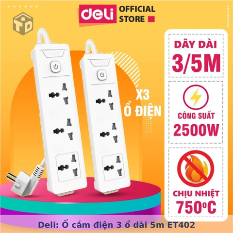 Deli: Ổ cắm điện 3 ổ dài 5m ET402
