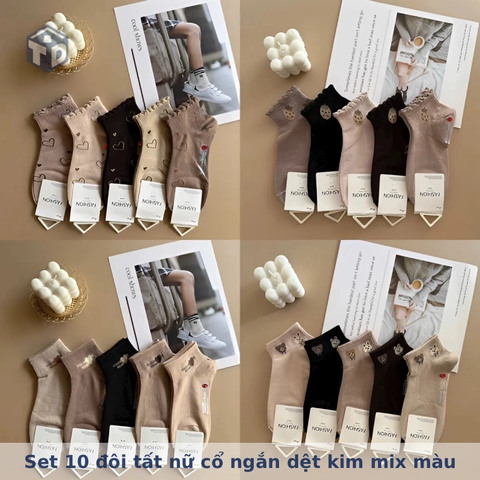 Set 10 đôi tất nữ cổ ngắn dệt kim mix màu
