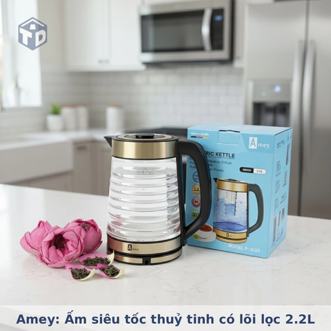 Amey: Ấm siêu tốc thuỷ tinh có lõi lọc 2.2L PL0290