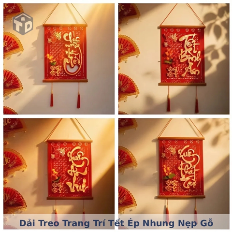 Dải Treo Trang Trí Tết Ép Nhung Nẹp Gỗ Hình Chữ Nhật