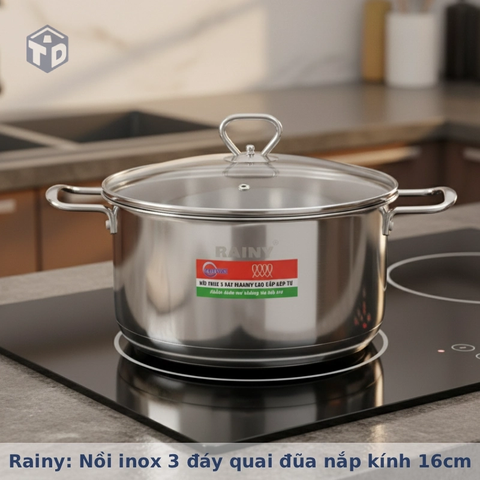 Rainy chính hãng: Nồi inox 3 đáy quai đũa nắp kính 16cm