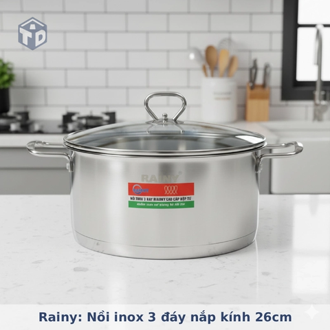 Rainy chính hãng: Nồi inox 3 đáy nắp kính 26cm